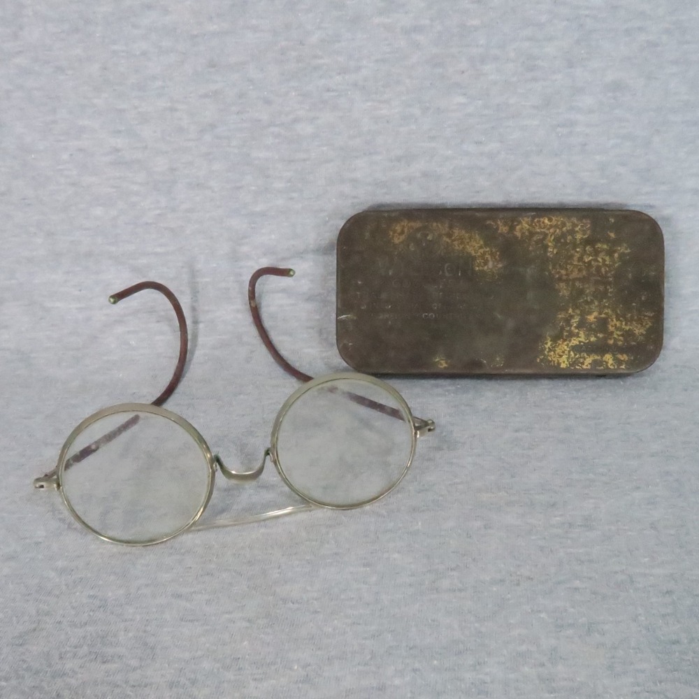 Antique Willson Round Wire Rim Goggles Spectacles Eye Glasses w/ Metal Case